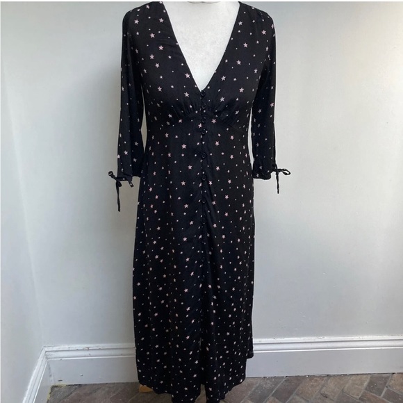 Hush Star Print Susannah Dress Size 8 Black Pink Star 3/4 Sleeve Button Viscose - Picture 2 of 13